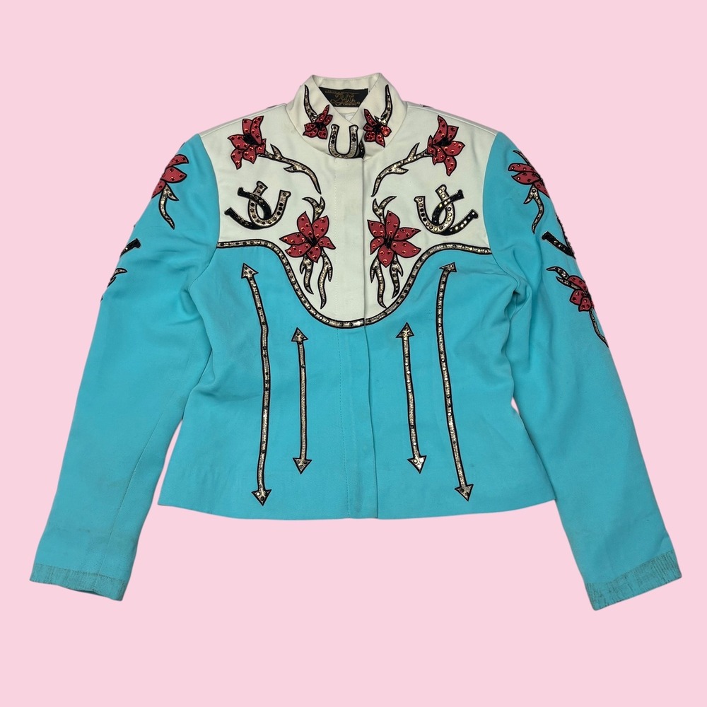 VTG Berry Fit Co Turquoise Western Show Jacket Rhinestone Horseshoe Floral 10